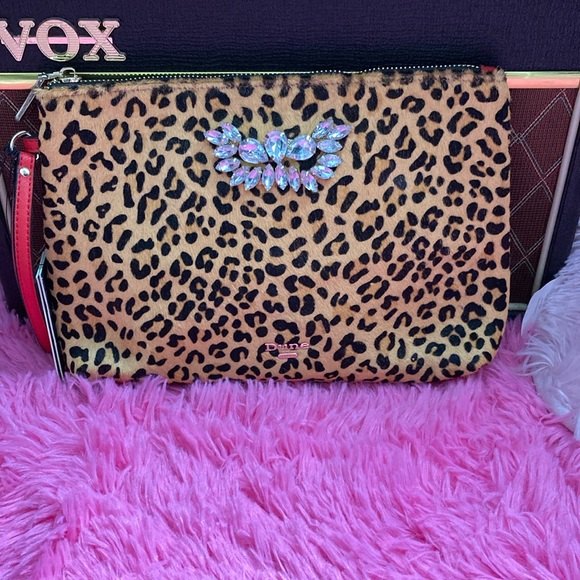 Dune London calf hair cheetah print wristlet with gems and red back NWT - Picture 2 of 10